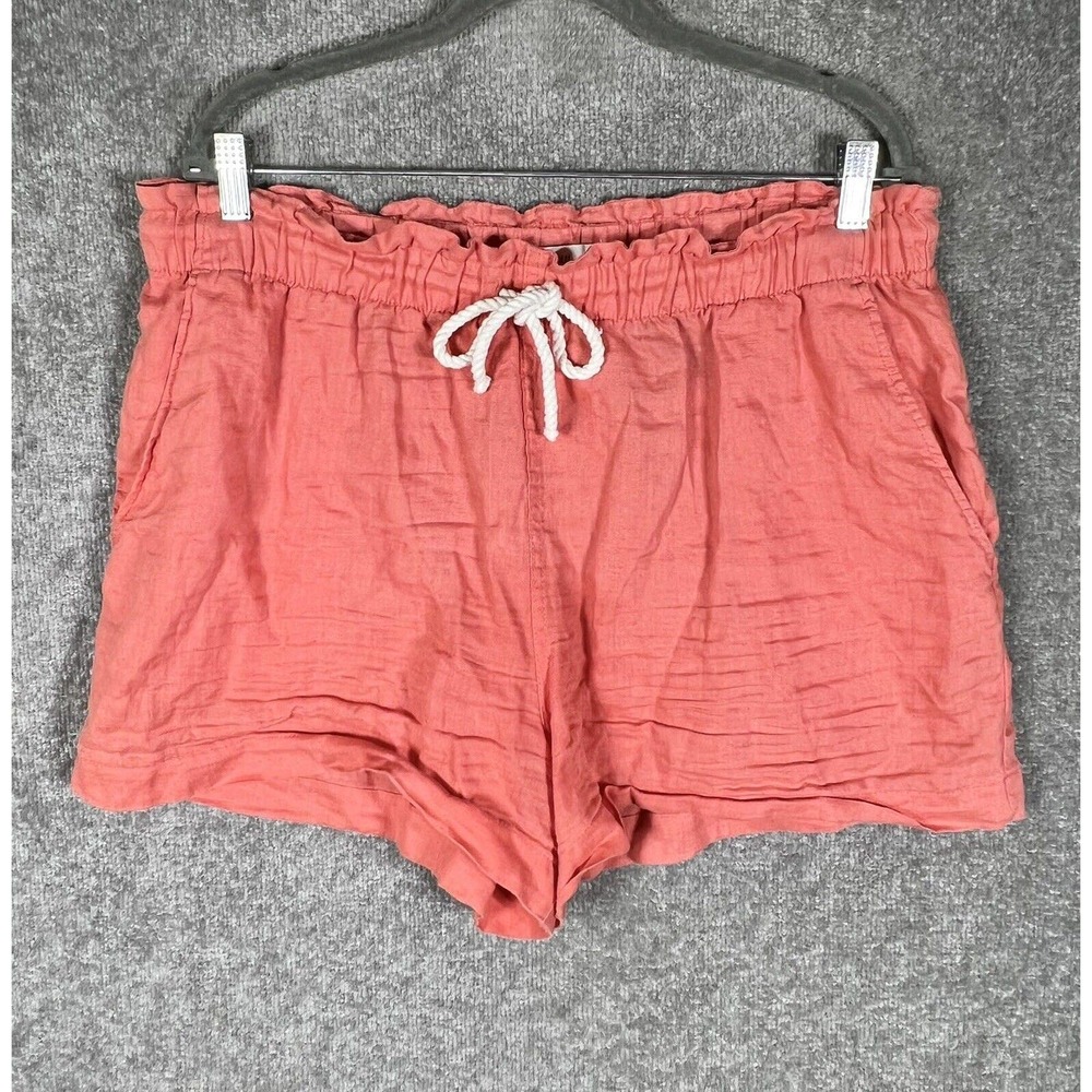 H&M Linen Pull On Shorts Womens Large Coral Peach Pockets Elastic Waist
